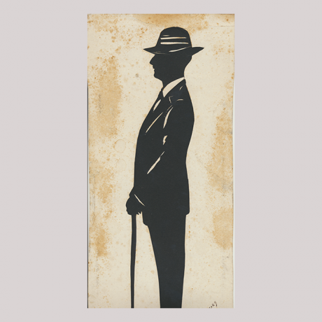 
        Front of silhouette, with man looking left, in suit, wearing a hat and with a walking stick.